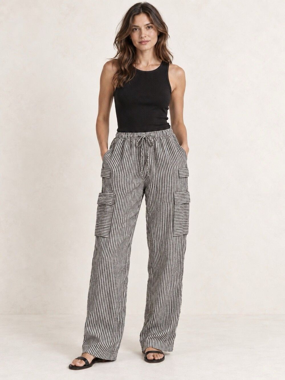 Reformation Linen Striped Cargo Pants Black Ivory Drawstring Womens L